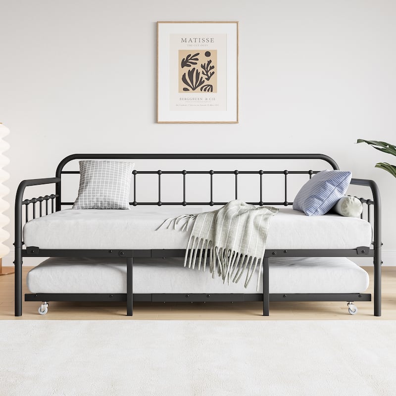 Twin Size Metal Daybed Frame for Bedroom, Pull-Out Trundle Bed with Heavy Duty Steel Slats Supports for Small Apartments - Black