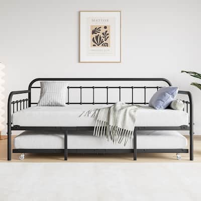 Twin Size Metal Daybed Frame for Bedroom, Pull-Out Trundle Bed with Heavy Duty Steel Slats Supports for Small Apartments