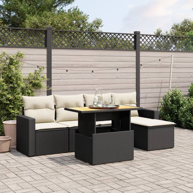 vidaXL Patio Sofa Set with Cushions Modular Outdoor Seating 6 Piece Poly Rattan - 21.7 x 39.4 x 28.7 - Black