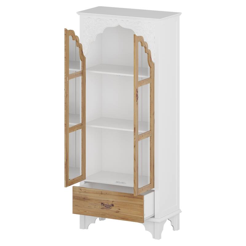 Boho Wood & MDF Display Cabinet with Tempered Glass Doors, Carved Arch Frame & Metal Handle Drawer