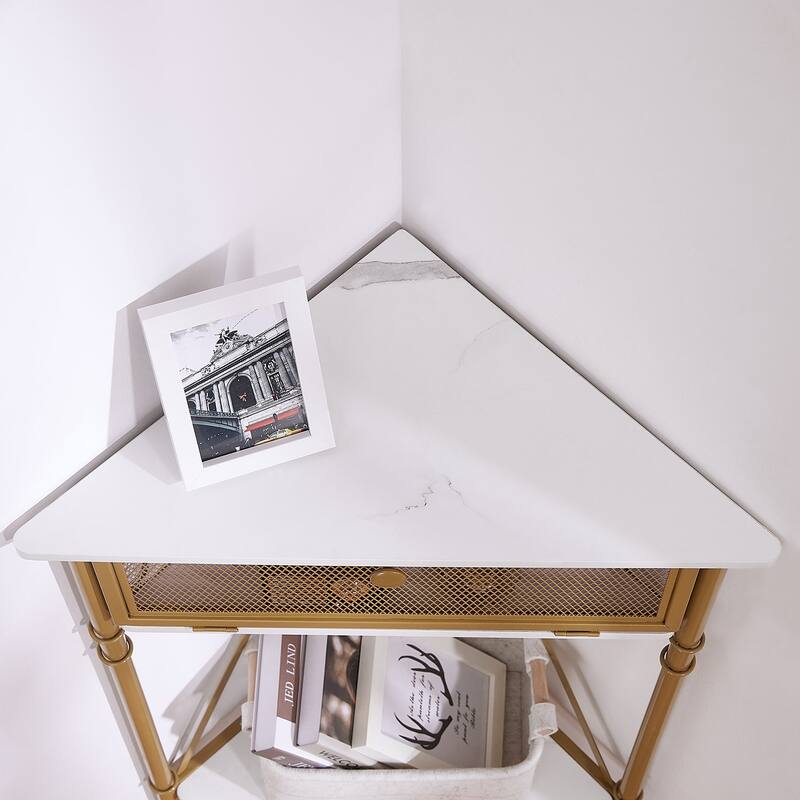 Javlergo Corner Table with Drawer and Storage Shelf, Triangle Freestanding Floor Cabinet for Kitchen, Living Room and Bedroom
