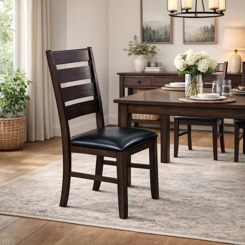 Ladder Back Wooden Side Chair with Leatherette seat, Set of 2, Black and Brown