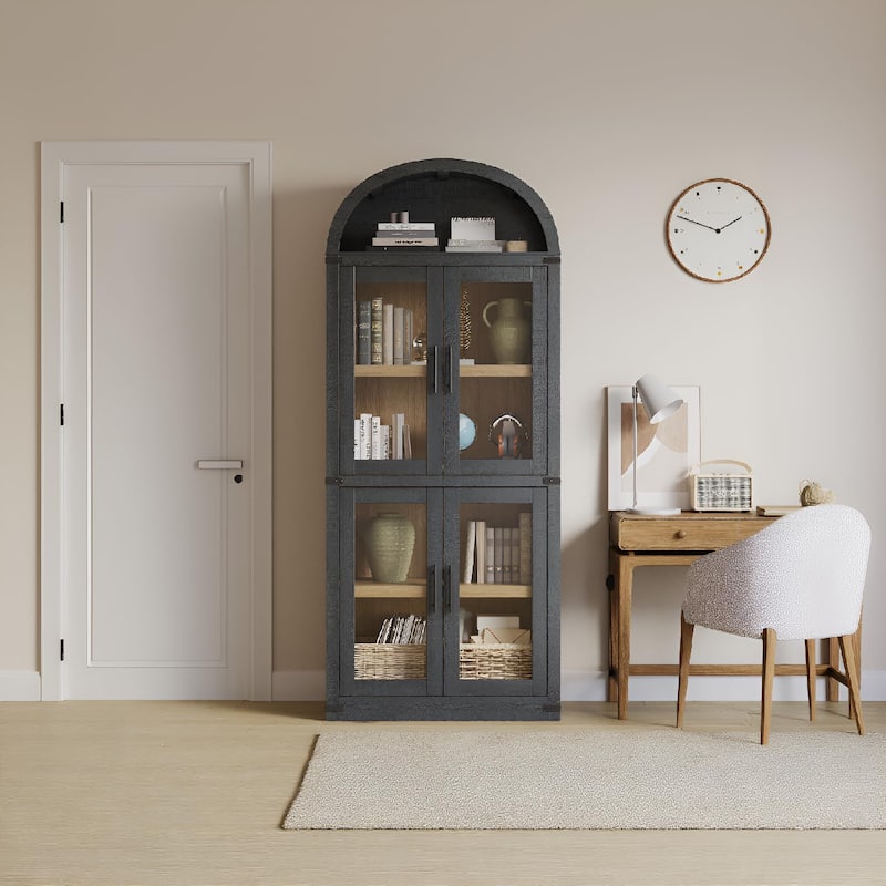 71" Tall Arched Bookshelf - Wooden Bookcase Storage Cabinet Rounded Display Storage Shelves Cabinet