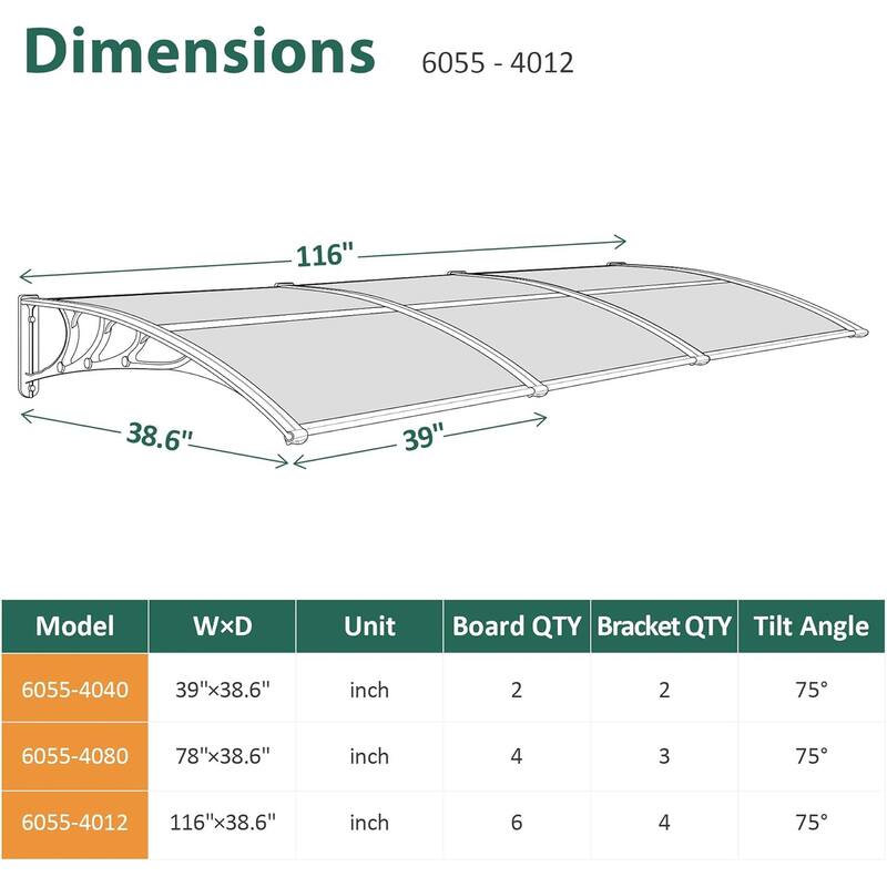 MCombo 40×120 Window Awning with Polycarbonate Board, 4012