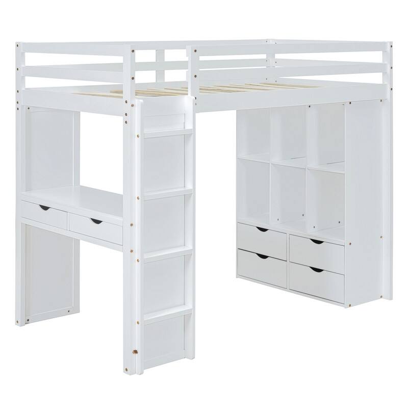 Full Size Loft Bed with large shelves, writing desk and LED Light