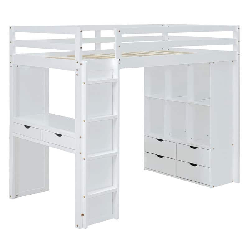 Full Size Solid Wood Loft Bed with Desk,Shelves,and LED Light