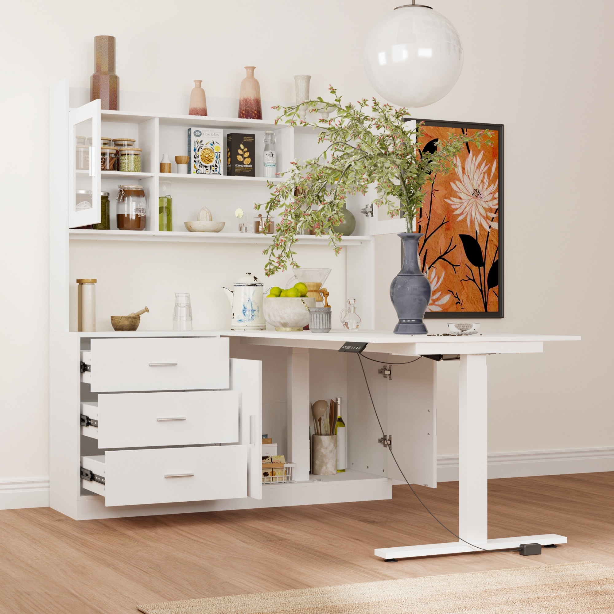 Electric Height Adjustable Standing Desk with Storage Hutch, 68.5