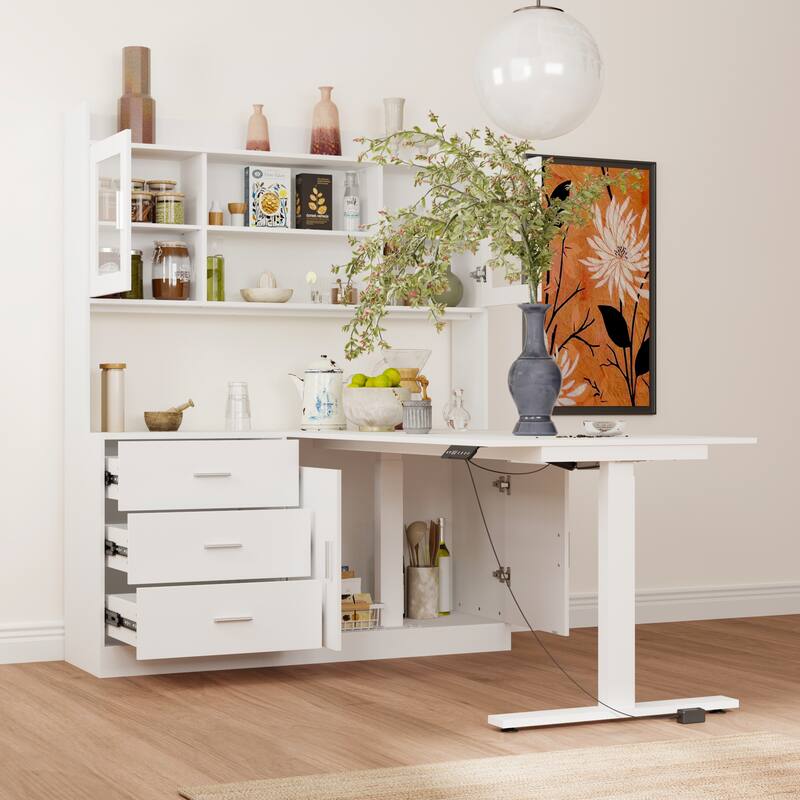 Electric Height Adjustable Standing Desk with Storage Hutch, 68.5” White Home Office Desk with Drawers and Cabinets