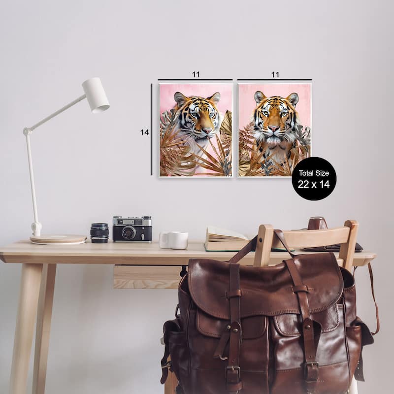 Stupell Fierce Tigers & Gold Leaves Wall Plaque Art Design By Kim Allen (Set of 2)