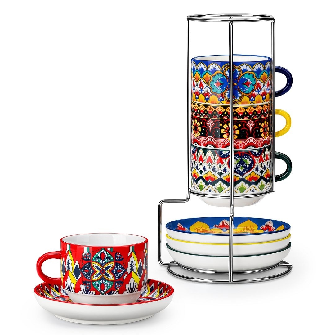 vancasso LUMI 4-Piece Porcelain Stackable Cup and Saucer Set with Metal Rack