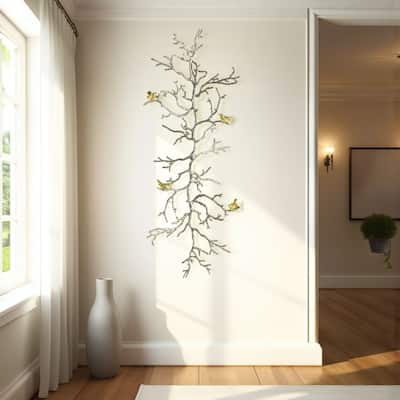 Branch Shape Aluminum Wall Decor with Gold Accented Four Birds, Silver