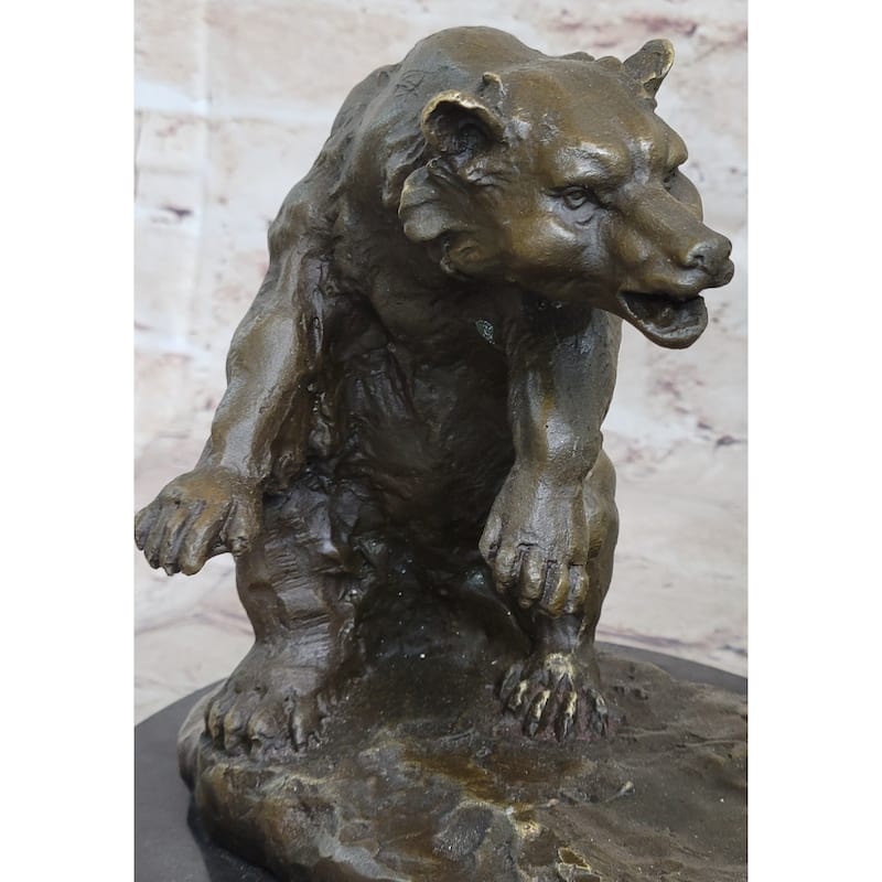 Bear Vs. American Buffalo Bison Bronze Metal Statue Sculpture On Marble Base