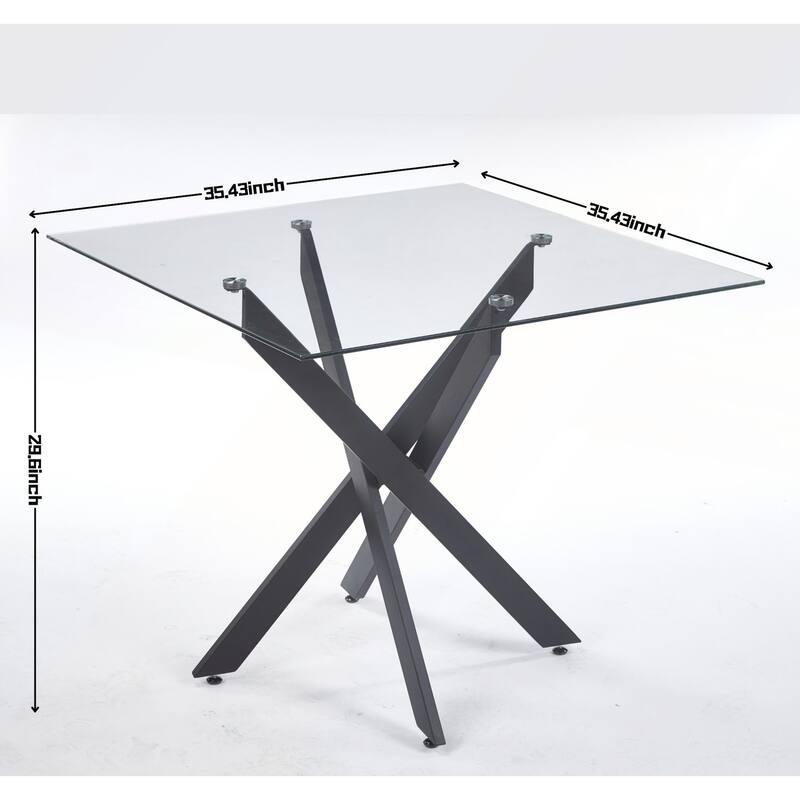 Modern Square Tempered Glass Dining Table with Stable Cross Metal Leg