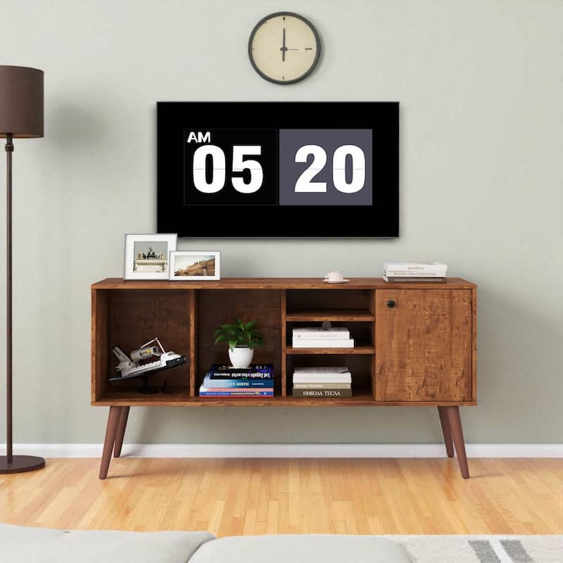 Modern 53 Inch TV Stand with Storage Cabinet and 3 Open Shelves for TVs 50 to 59 Inches - Walnut Brown