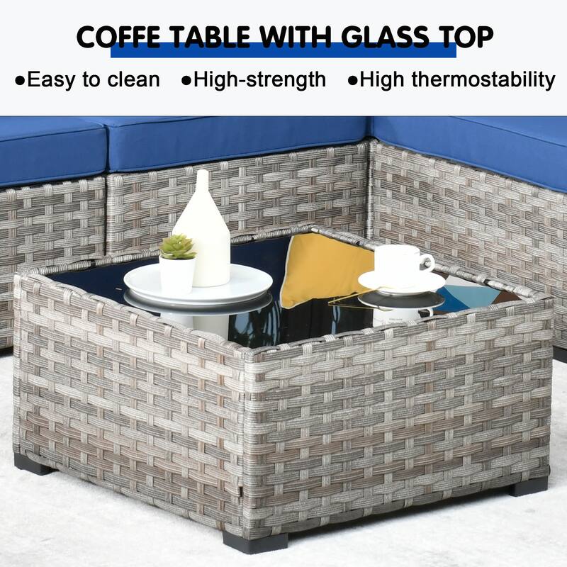 OVIOS 9-piece Patio Wicker Swivel Rocking Chair Set with Glass-Top Tables