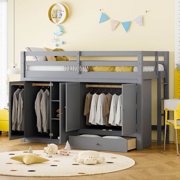 slide 2 of 9, Twin size Loft Bed with Drawer, Two Wardrobes and Mirror Grey