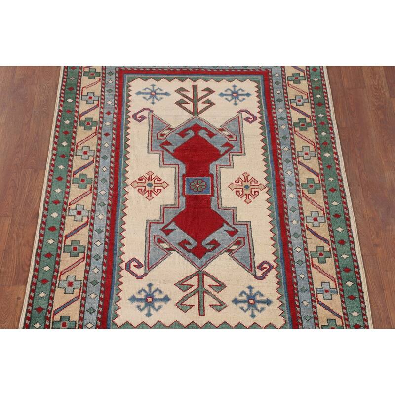 Ivory Geometric Kazak Accent Rug Hand-Knotted Wool Carpet - 3'5" x 5'0"
