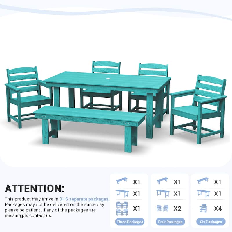6-Piece HDPE Outdoor Dining Table Sets with Umbrella Hole - 1-Table 4-Chairs-1-Bench