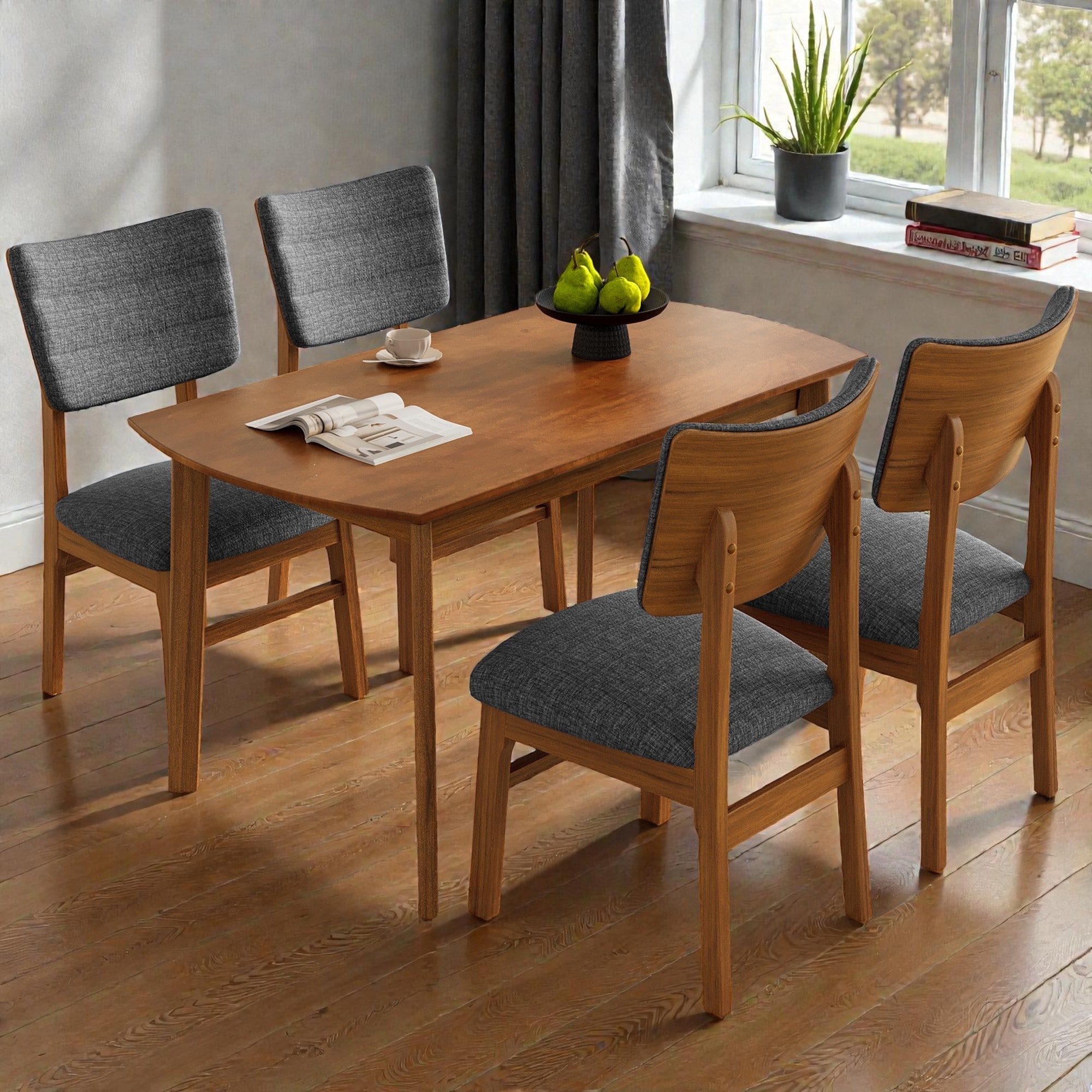 5-Piece Farmhouse Dining Table Set for 4, Oval Wood Kitchen Table with 4 Upholstered Chairs, Rubberwood Frame Dinette Set