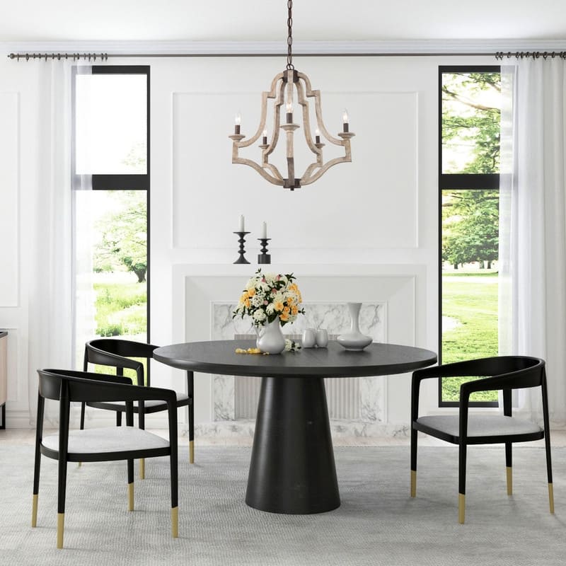 Gula Modern Farmhouse 5-Light Distressed Wood Candle Chandelier Wheel Lantern Hanging Foyer Pendant Light - L23.2" xW23.2 "xH24"