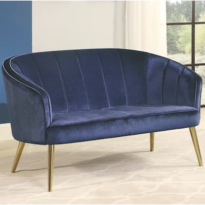 Contemporary Blue Velvet and Brass Legs Living Room Accent Settee