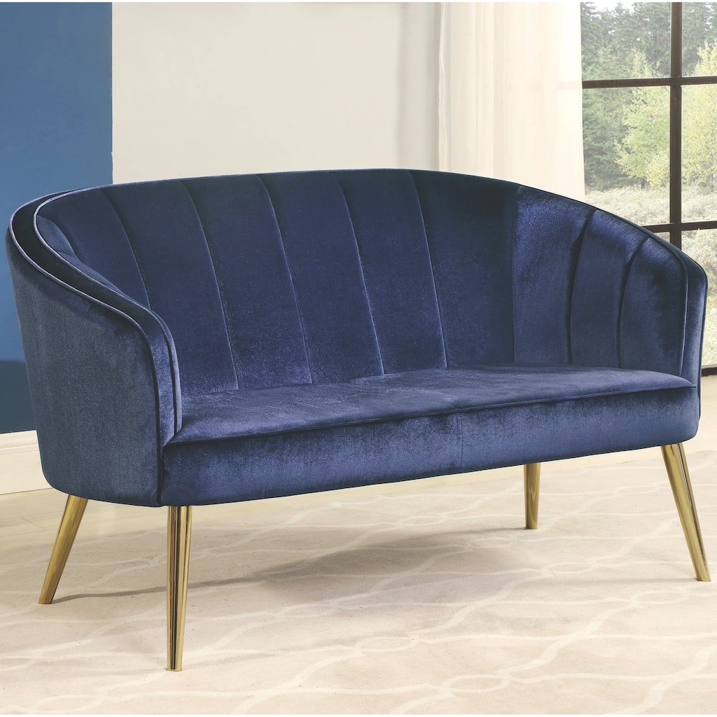 Contemporary Blue Velvet and Brass Legs Living Room Accent Settee