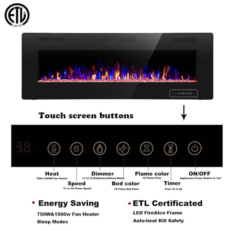 30-60" Recessed Wall Mounted Electric Fireplace, 750-1500W,Touch screen and Remote Control