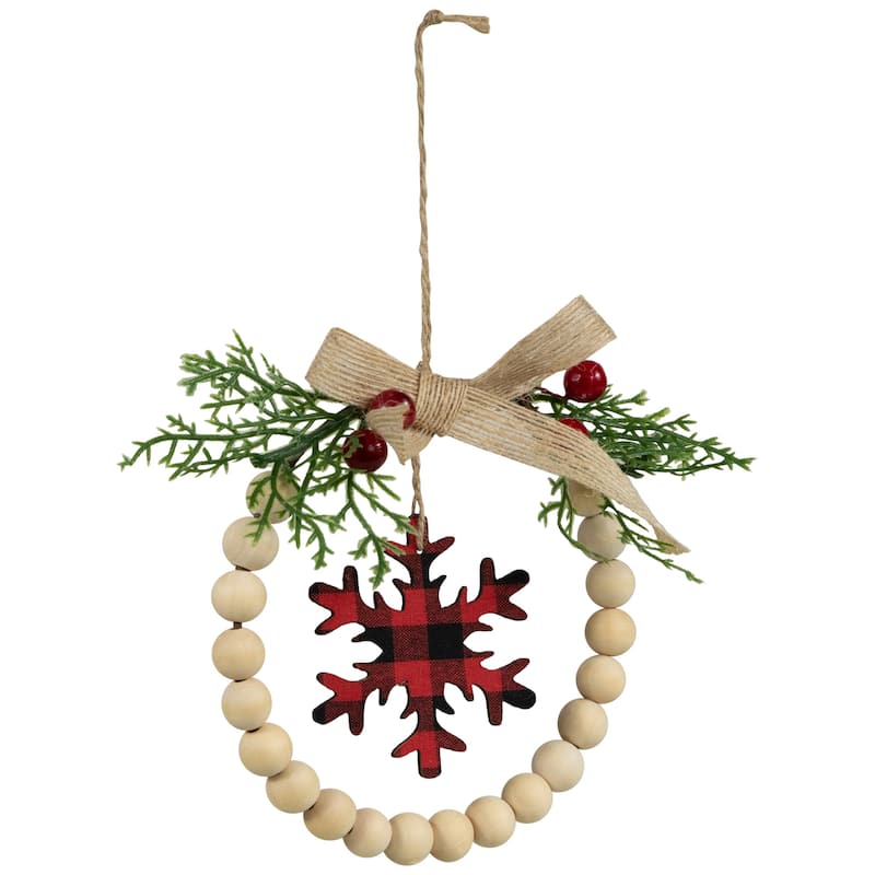 Buffalo Plaid Snowflake Wooden Beads Christmas Wreath Ornament - 7" - 5.5"