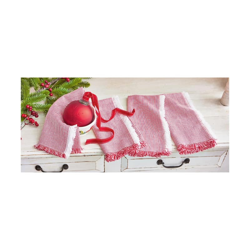 Pinstripe Fringe Napkin Set of 4 - Red Cotton Kitchen Textiles for Christmas - Machine Washable Cloth Napkins