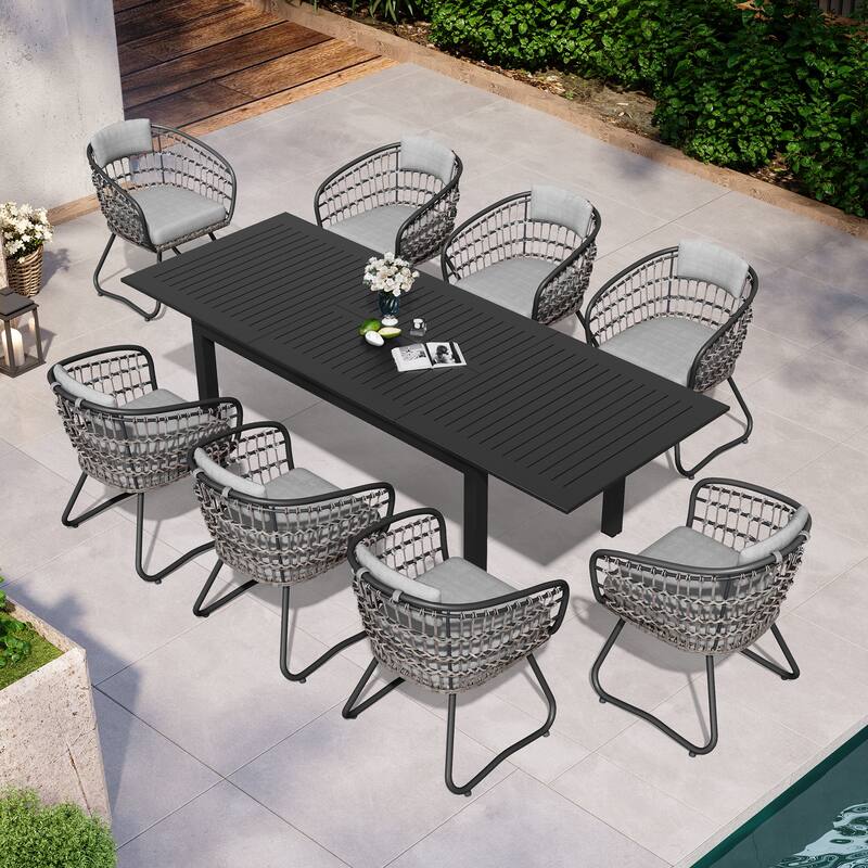 9PC Aluminum Extendable Patio Dining Sets Table Outdoor Rectangular with Rattan Chair - Table-Black&Chair-Grey