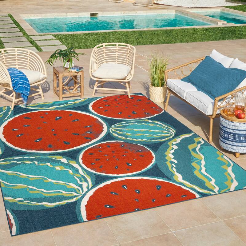 Gertmenian Ziesta Modern Bold Fruit Floral Multicolored UV Protected Polypropylene Flatweave Indoor/ Outdoor Area Rug Collection