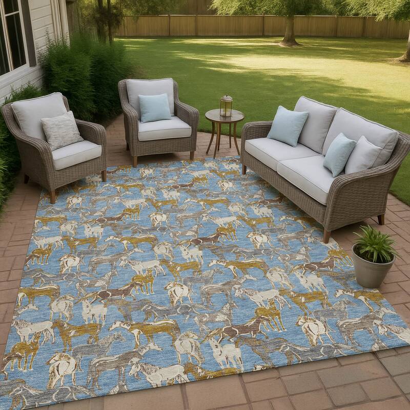 Machine Washable Indoor/ Outdoor Horse Herd Chantille Rug - Denim - 10' x 14'