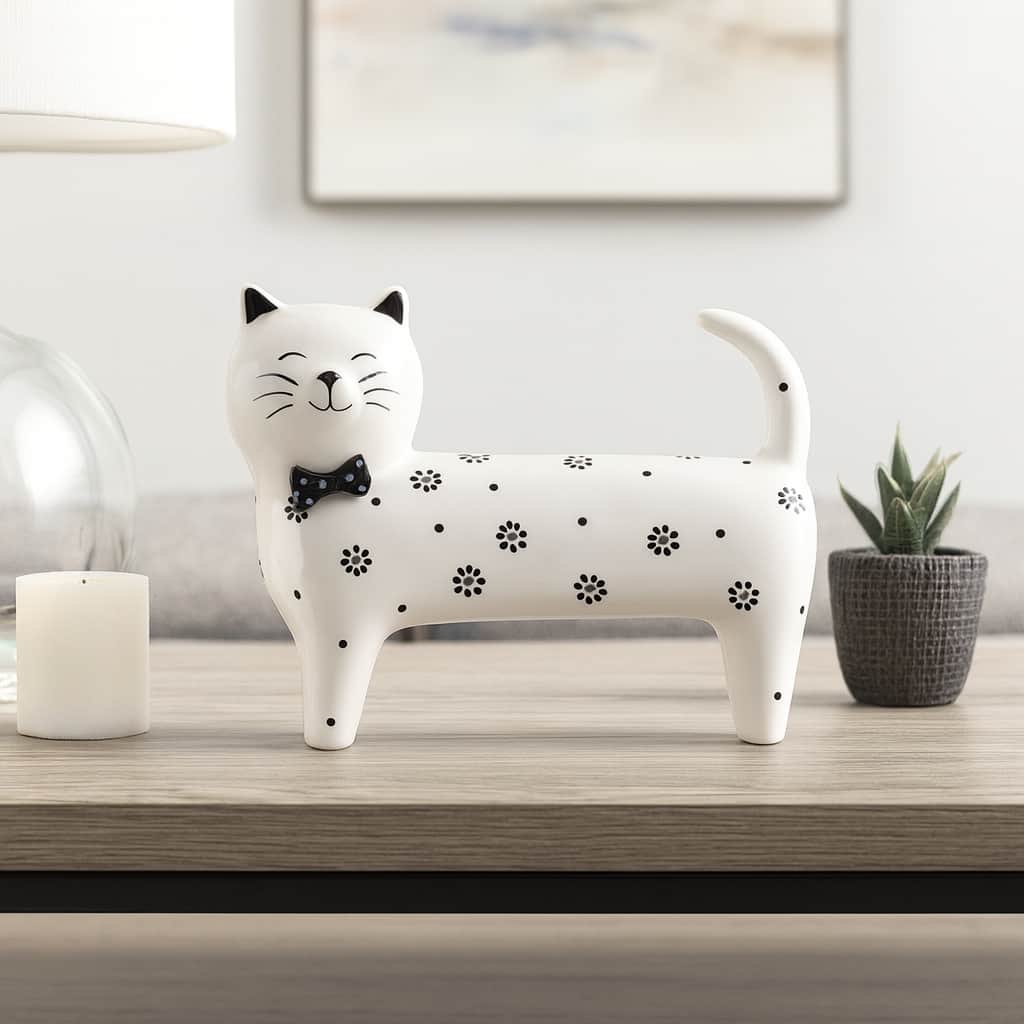 Ceramic Daisies Cat with Bowtie Figurine - White