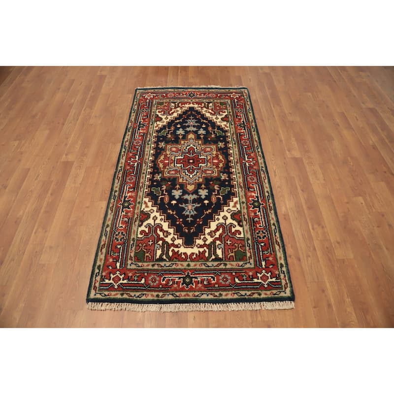 Hand Knotted Oriental 100% Wool Carpet Traditional Medallion Navy Blue & Blues Heriz (serapi) Area Rug - 5' 2'' X 2' 9''