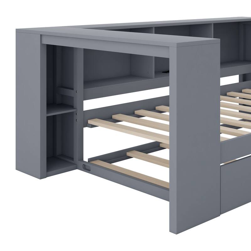 Upholstered Sofa Bed, Wood Daybed, L-shaped Bed Frame with Desk, Shelves, Charging Station, and Optional with Trundle or Drawers