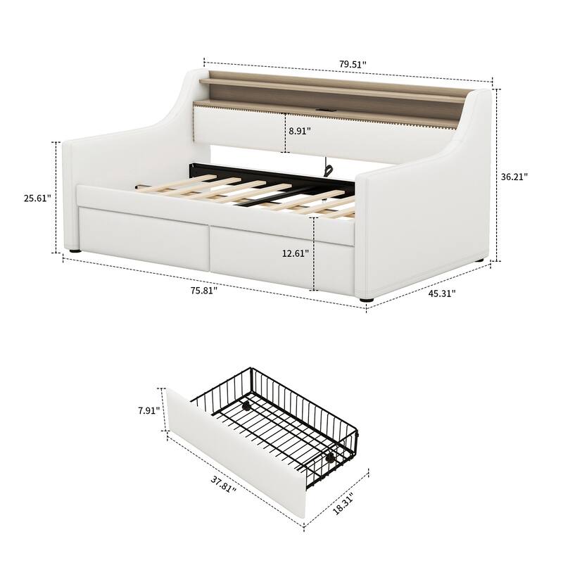 Modern Stylish Twin Size Upholstered Storage Daybed with Nailhead Trim