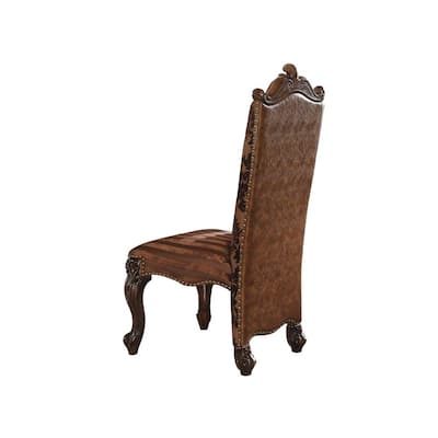 Set of 2 Brown Faux Leather Dining Chairs with Queen Anne Back and Nail head Trim Solid Wood Legs - 49”H x 27”W x 22”D