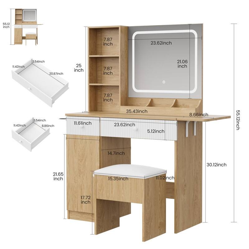 Makeup Vanity Desk with Mirror, Charging Station, Storage Drawers， Stool
