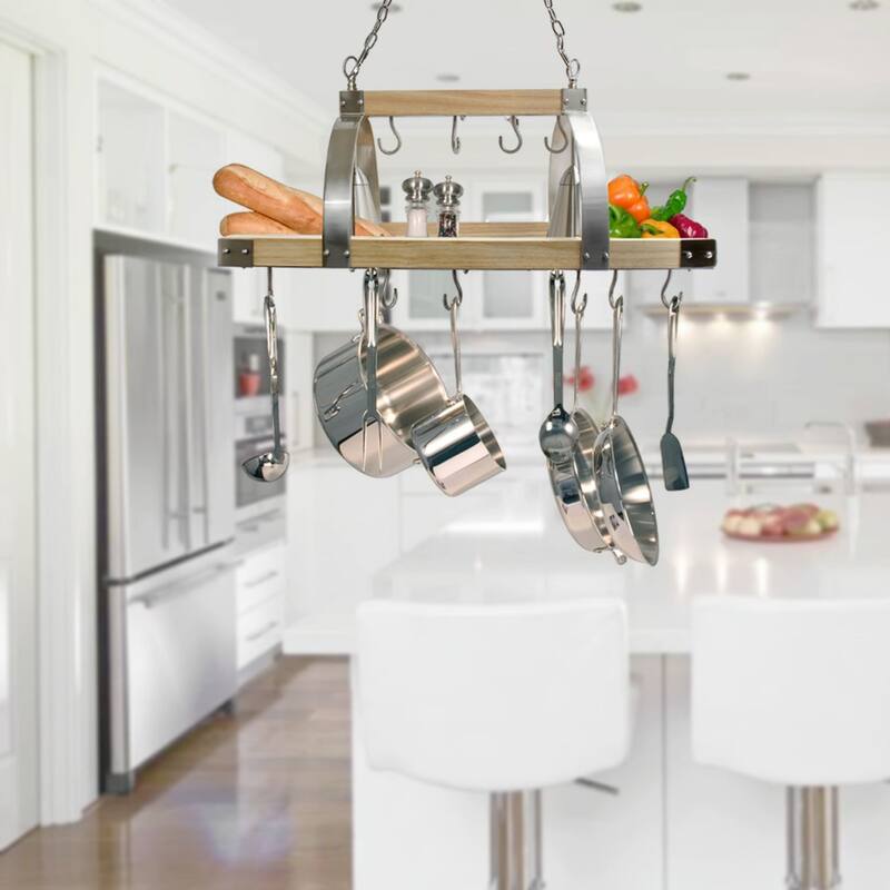 2-Light Wooden Kitchen Pot Rack with Downlights - 36.25" - Brushed Nickel