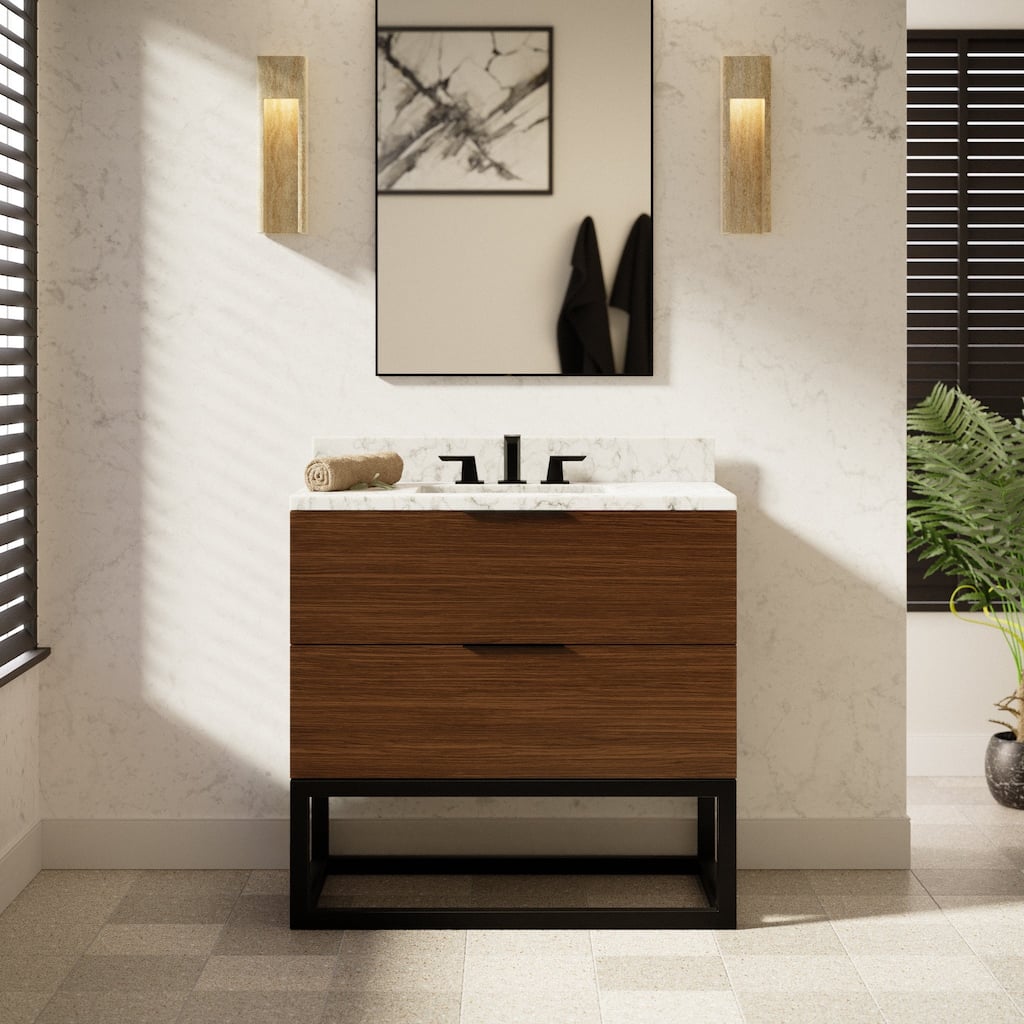 KitchenBathCollection Mia 36" Bathroom Vanity with Carrara Marble Top