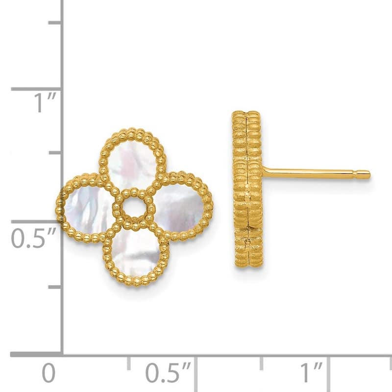Curata 14k Italian Yellow Gold Beaded Mother of Pearl Clover Stud Earrings