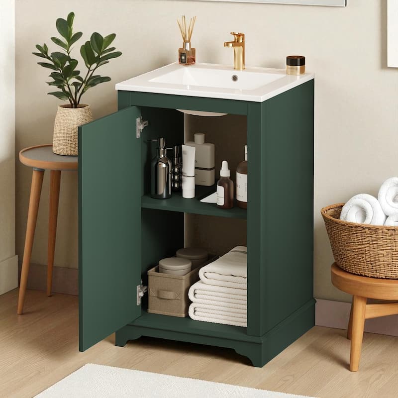 20 Inch Bathroom Vanity with Ceramic Sink, Freestanding Single Vanity Cabinet with Soft-Close Door and Adjustable Shelf