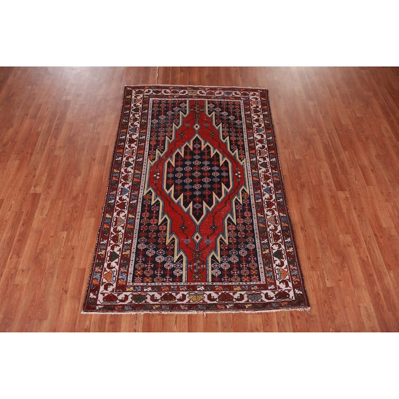 Hand Knotted Oriental 100% Wool Carpet Traditional Medallion Navy Blue & Blues Hamedan Area Rug - 6' 7'' X 4' 2''