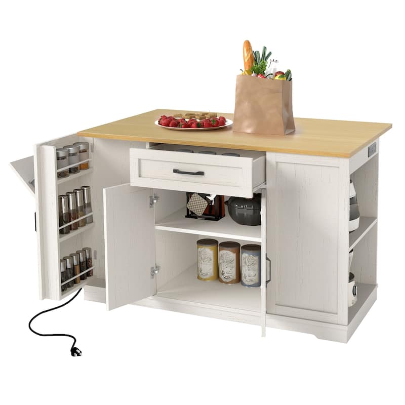 Moasis 50" Kitchen Island with Power Outlet & Drop Leaf,Rolling Island Cart with Trash Can Cabinet
