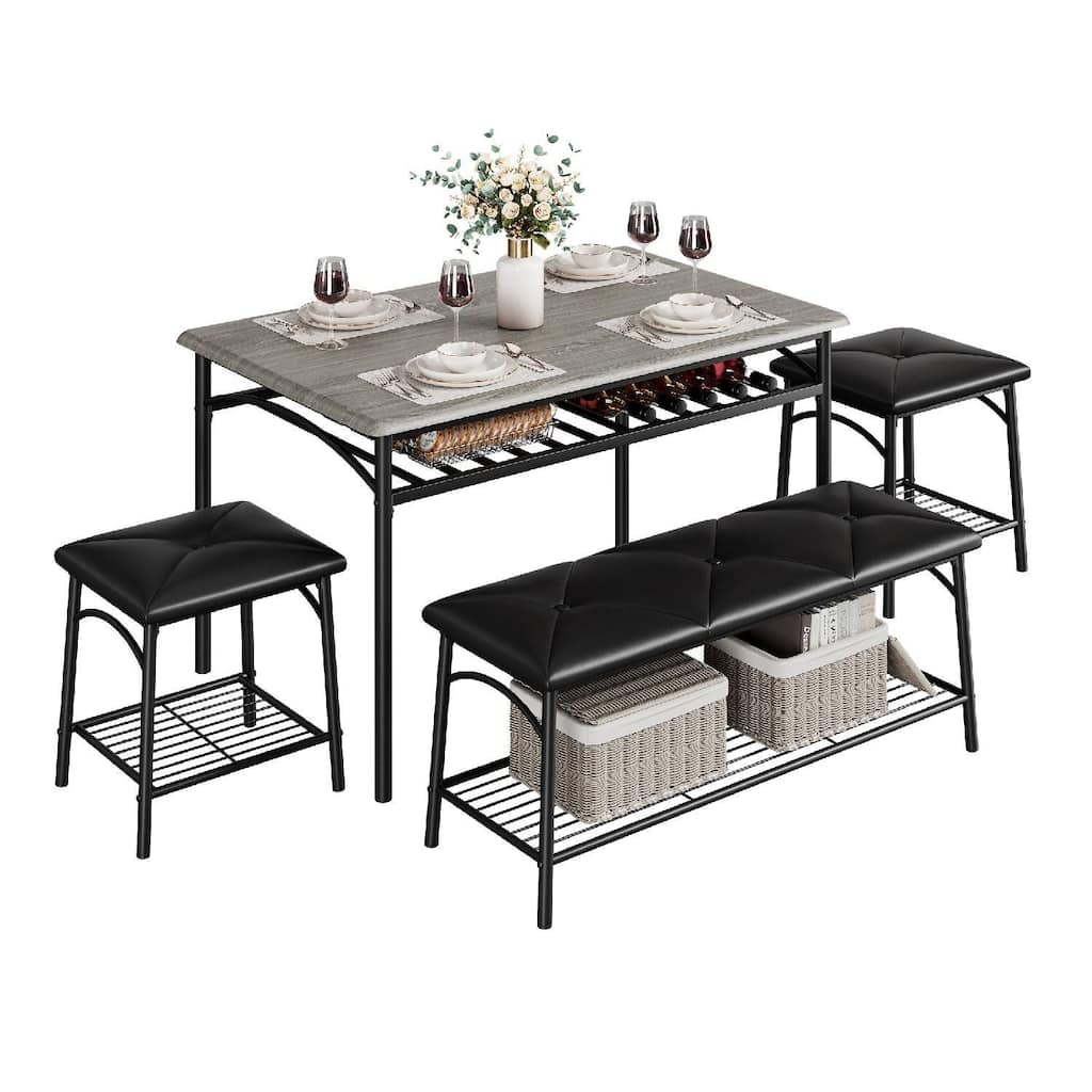 Dining Table Set with Upholstered Bench and Storage Shelves