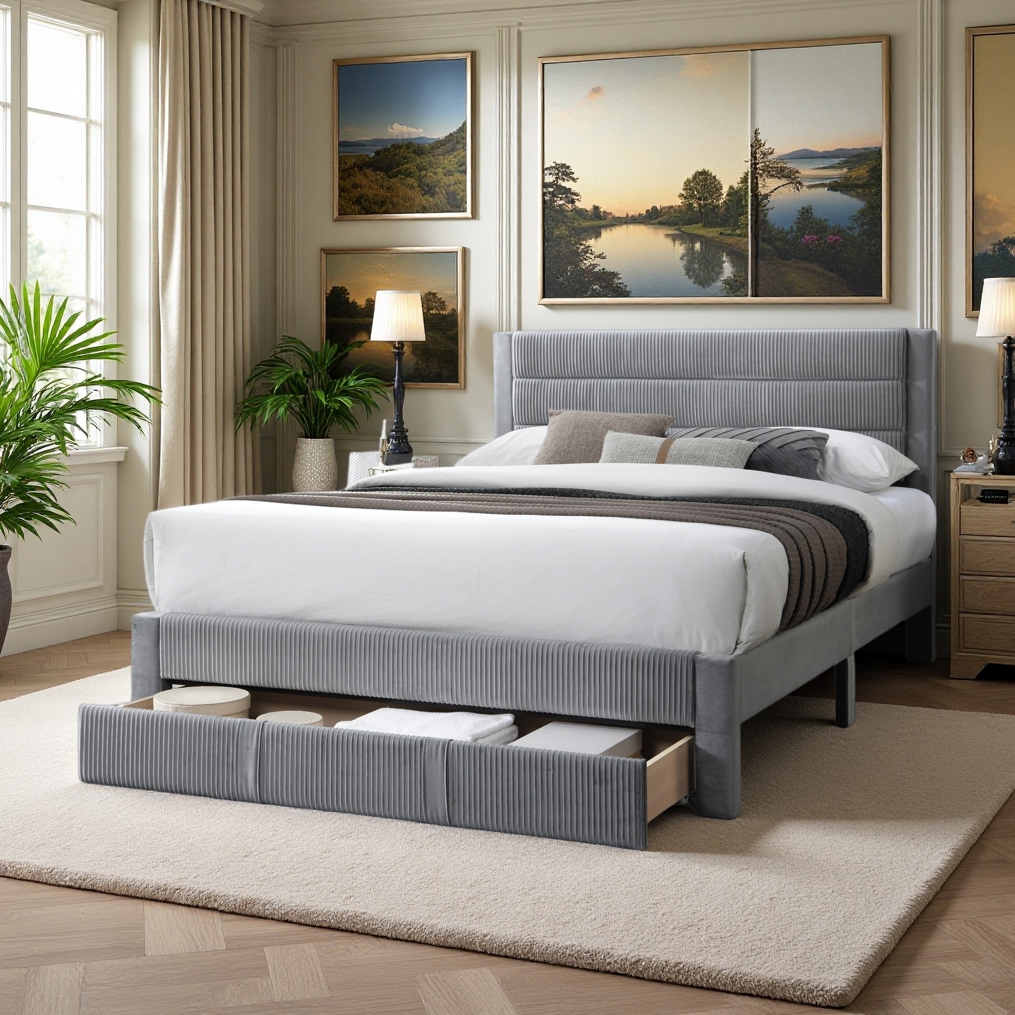 Queen Size Corduroy Upholstered Platform Bed with Storage Drawer and Headboard