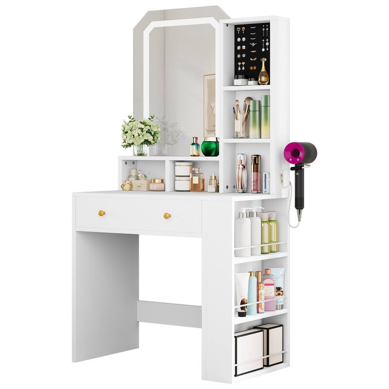 Vanity Table with Jewelry Foam, Storage Drawer, Shelves, and Side Storage for Bedroom, Dressing Room