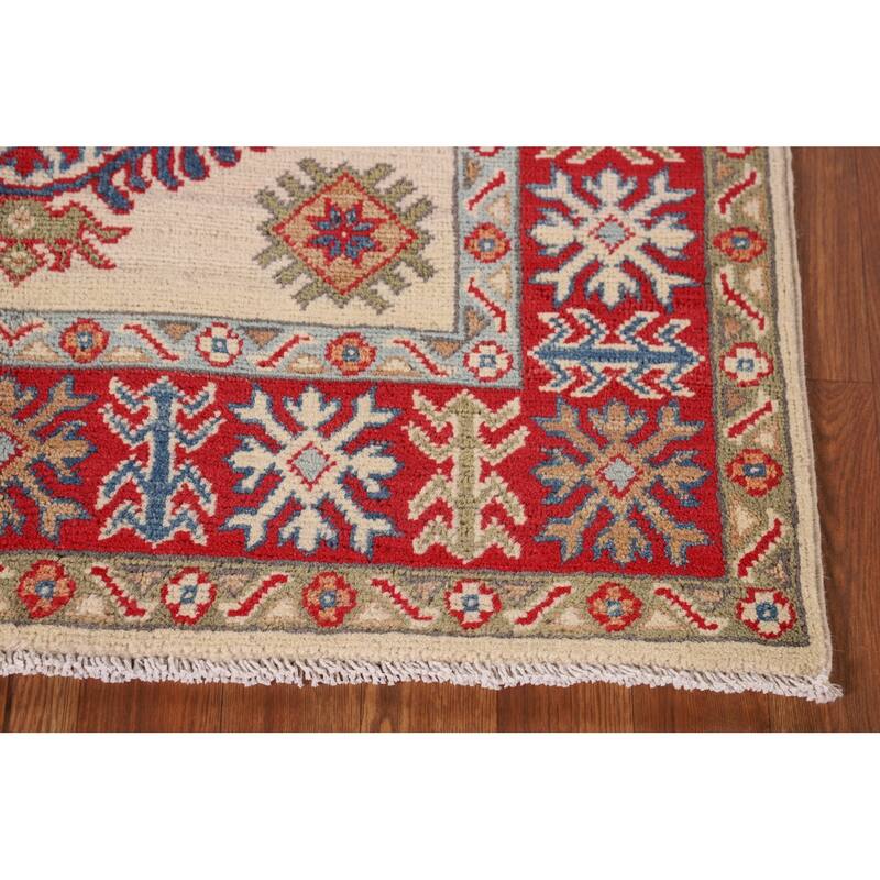 Geometric Ivory Kazak Oriental Accent Rug Hand-Knotted Wool Carpet - 3'5"x 4'11"