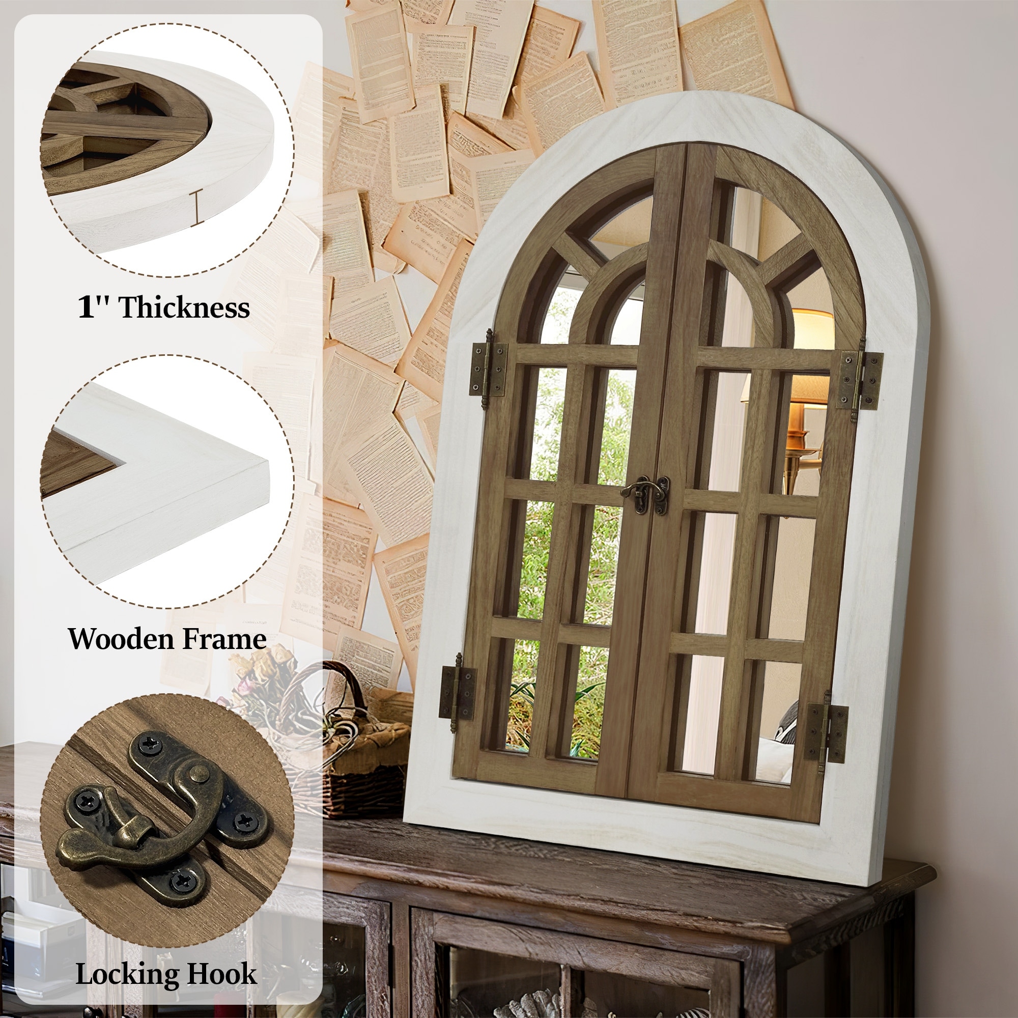 как выглядит Vintage Wood Windowpane Arched Wall Mirror фото