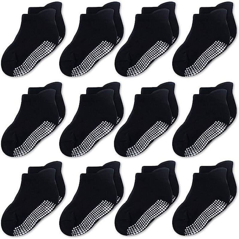 CozyWay Ankle Style Socks with Grippers, 12 Pack, Solid Black, 6-12 Months, Unisex